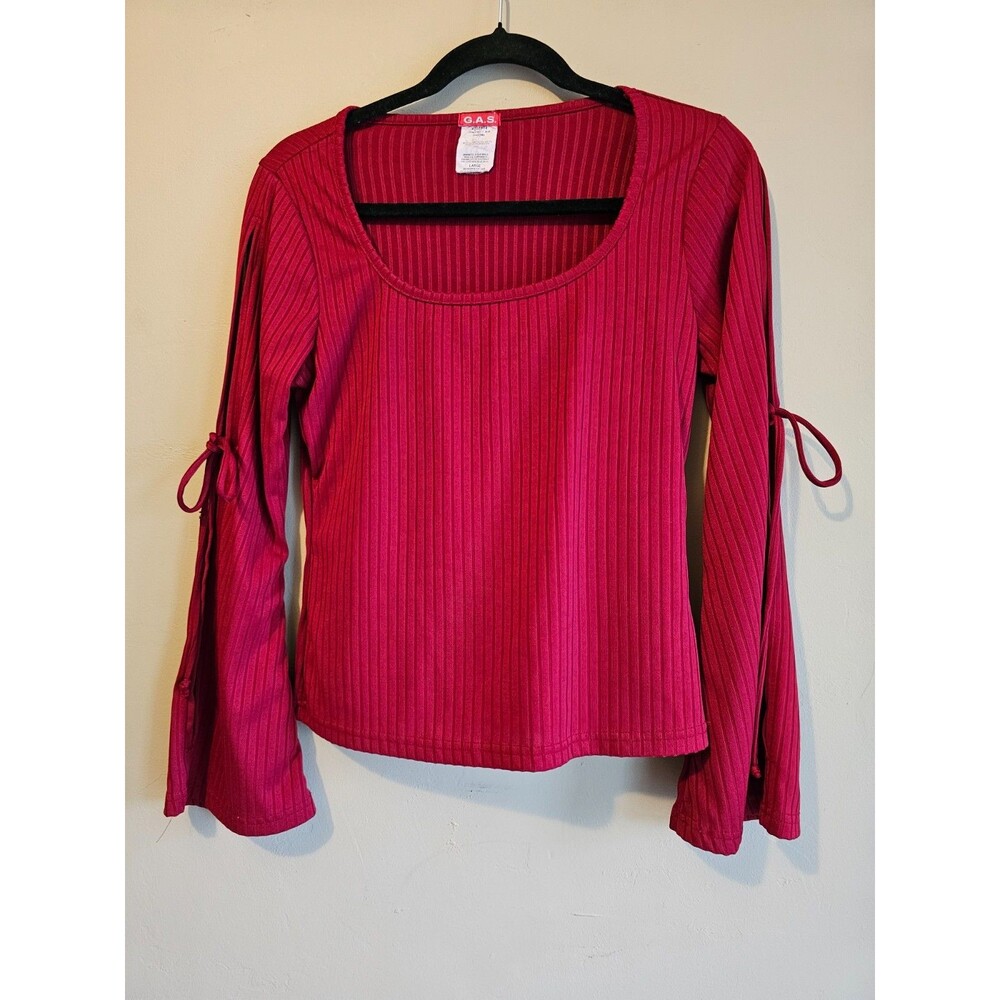 Y2K G.A.S brand RED RIBBED BELL open/tie SLEEVE TOP SHIRT SZ Lrg